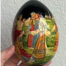 Russian Hand Painted Wooden Lacquer Egg Khorovod Folk Dance Signed Artist picture