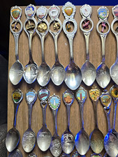 Vintage Travel Souvenir Spoon Lot, 67 Enamel Shield Tops, Silver Tone Metal picture