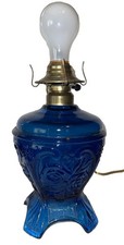 Rae nice Vintage Blue Glass Electrified Kerosene Lamp Roses 10” fun picture