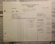 1951 Drown Motor Car Co Barre Vermont Receipt 1946 Chevy Coupe picture