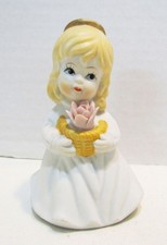 ANGEL GIRL HOLDING FLOWERS VINTAGE FIGURAL CERAMIC BELL FIGURINE MADE IN TAIWAN picture
