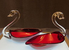 Vintage Pair Ruby Red Art Glass Swan Candy Dish 8” Handmade Gorgeous picture