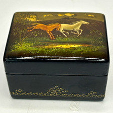 Small Black Lacquered Wood Trinket Box w/ Lid, Hand-Painted Horse Scene Russian  picture