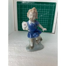 Vintage Porcelain Girl Figurine Blue Dress Flowers Decorative Display picture