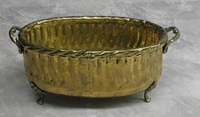 Vintage Footed Hammered Brass Planter Oval Handles Jardiniere Flowerpot picture