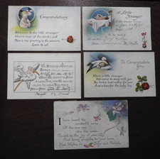 5 VINTAGE Congrats CONGRATULATIONS Baby STORK Postcards, 1917-1919, 2 Unused picture