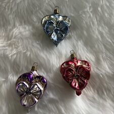 VTG German Glass Lot Of 3 Ornaments Purple gold pansy, red gold pansy, blue Gold picture
