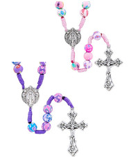 2-pk Girls Pink & Purple Floral Clay Bead Corded Rosary Set Catholic Children's picture