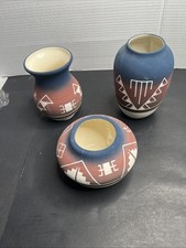 Vintage Native American Sioux Pottery Vase Blue and Rose Colors Unglazed picture