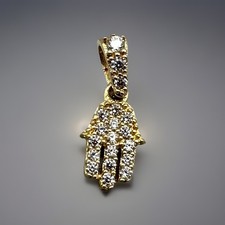 Petite 14K Gold Hamsa Amulet Pendant CZ Carpet Anti Evil Eye Charm 0.47