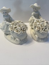 VTG Glazed Porcelain Girls with Carts Full W/Roses Ivory Figurines (2) EUC picture