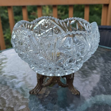 Clear Starburst Cut Glass Footed Pedestal Bowl w Bronze Metal Base Vintage 1960 picture