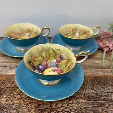 Aynsley England - 3 Cup and Saucer Gold Border Fruit Turquoise Tea Set picture