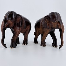 Vintage Hand Carved Wooden Elephant Pair  Mid Century Hardwood picture