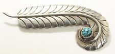 Vintage Navajo Scott Skeets Sterling Silver Stamped Turquoise Feather Brooch Pin picture