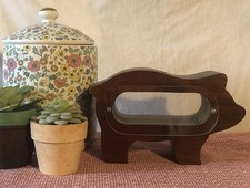 Vtg Handmade Dark Wood 7.5x4.5” Pig Piggy Bank Removable Clear Plexiglass Sides picture