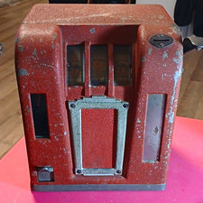 Vintage Mechanical Coin Slot Machine w/ Side Lever, Red & Gray Metal Cabinet picture