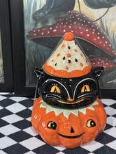 Johanna Parker Halloween Cat Orange Pumpkin Ceramic Container 2026 Transpac picture