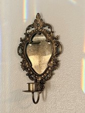 Antique Bronze Ornate Metal Baroque Style Mirrored Wall Sconce Candle Holder picture