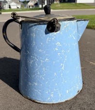 Vtg Large Robin Egg Blue White Swirl Enamelware Cowboy Coffee Pot Graniteware picture