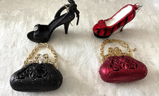 Glamorous High Heel Shoe Stiletto & Purse Christmas Ornaments, Glitter, Lot of 4 picture