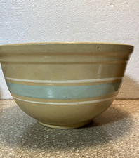Antique Watt Pottery Gold-N-Bake Yellow Ware Nesting Bowl Light Blue Band 10