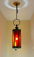 Vintage MCM Spanish Revival Red Gold 6 Paneled Slag Glass Ceiling Swag Light picture