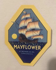 Antique Mayflower Broom Label NOS 🧹 1920s A.F. Weymer Syracuse NY Nautical Art picture