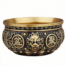 Solid Brass Feng Shui Money & Wealth Bowl, Lion Head & Lotus Base,525G 13Cm picture