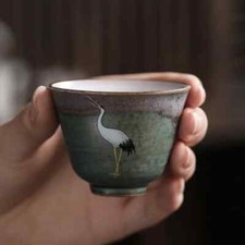 Handmade Crane Tea Cup Stoneware Kiln Roasted Vintage Tea Cup Ceramics Pottery picture