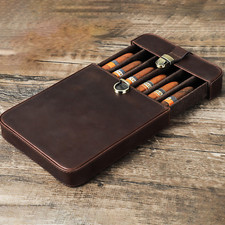 Vintage Leather Cigar Case Handcrafted 6 Slots Drawer Style Lock Buckle Coffee picture