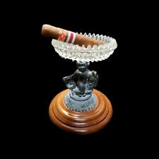 Antique Mermaid Riding Fish Cigar Ashtray Crystal Brass Oak base 8