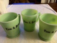 3 VINTAGE MCKEE JADITE JADEITE TOM & JERRY MUG CUP URANIUM GLASS GLOWS GREEN picture