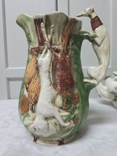Vintage Majolica Hunt Game Hunting Pitcher  Greyhound Handle Quail Hare Fox Duck picture