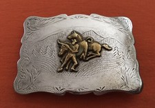 Vintage Ricardo Sterling Silver Steer Wrestling Cowboy Rodeo Trophy Belt Buckle picture