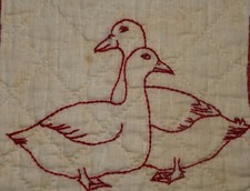 Vintage/Antique Cutter Quilt Piece Block Embroidered Redwork Ducks Fowl picture
