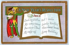c1910's New Year's Resolution Clown Book Embossed Antique Unposted Postcard picture