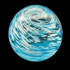 Art Glass Paperweight Blue White Swirl w Internal Inclusions Clear Base Unsigned picture