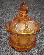 Vintage Fostoria 1886 Coin Amber Glass Covered Candy Dish Sugar Bowl w/ Lid picture