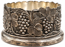 Vintage Silver Tone Wine Bottle Coaster Grape Vine Relief Ornate Holder picture