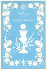 Thoughtful Vintage FIRST COMMUNION Card, Embossed French Fold by Norcross +✉ picture