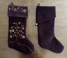 Pottery Barn Lot 2 Christmas Stocking Embroidered Velvet Purple Jingle Bell picture