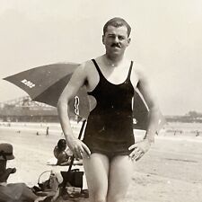 Vintage B&W Snapshot Photograph Handsome Man Bathing Suit Beach Mustache Gay Int picture