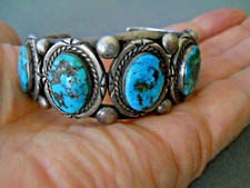 OLD Southwestern Native American Navajo Turquoise Row Sterli Silver Bracelet 89g picture