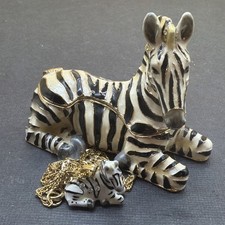 Zebra Pewter Bejeweled Hinged Large 3”  Trinket Box Mint W/ Necklace picture