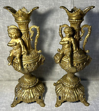 Pair Antique/Vintage Italian Solid Brass Decorative Mantel Urns Candle Holders picture