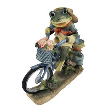 Vintage Whimsical Frog on Blue Bicycle Resin Figurine - Frog Family with Flower picture