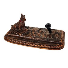 Vintage 20's 30's German Black Forest Wood Schnauzer Carved Desktop Pen Holder picture