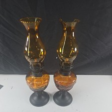 Set Of 2 Small Oil Kerosene Lamps Amber Glass 1 Cracked See Photos picture