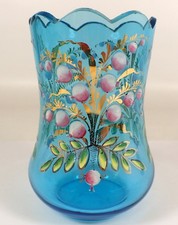 Antique Victorian Hand Painted Enameled Gold Gilt Scalloped Blue Glass Vase picture